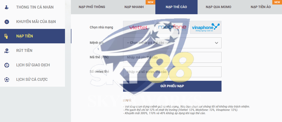 nạp tiền sky88 nạp thẻ cào