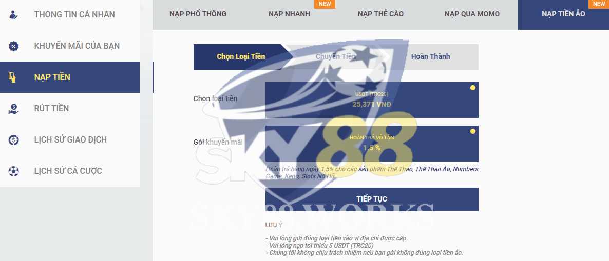 nạp tiền sky88 nạp qua tiền ảo
