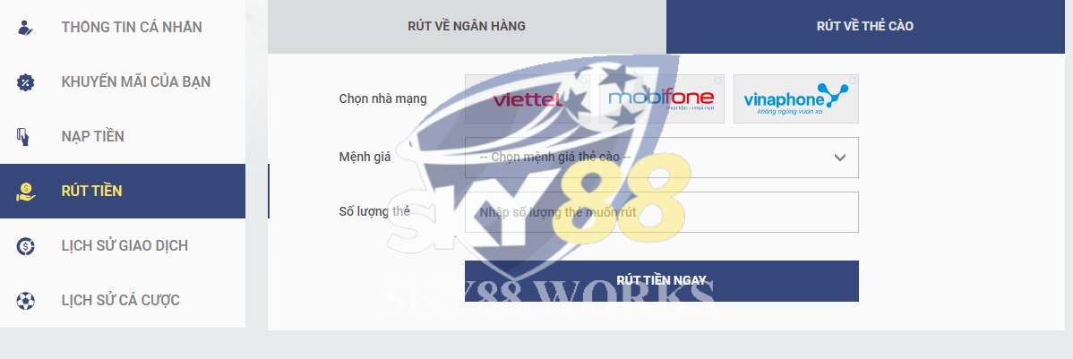 rút tiền sky88, rút tiền về thẻ cào